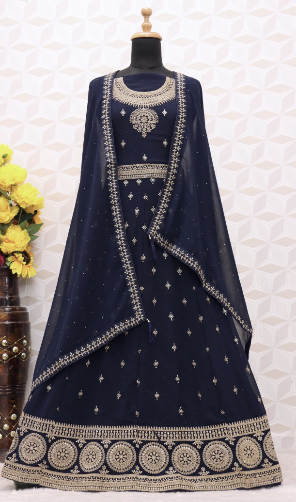NAVY BLUE EMBROIDERED FAUX GEORGETTE SALWAR SEMI STITCHED