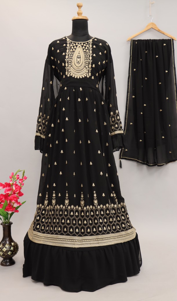 Georgette Fabric Luxurious Embroidered Palazzo Suit In Black Color