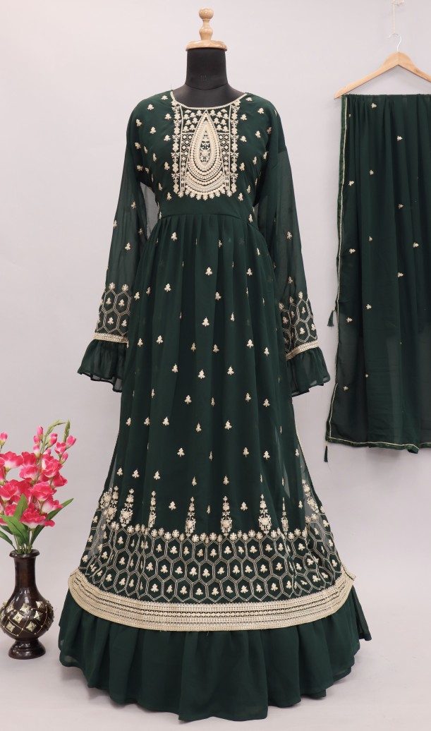 Georgette Fabric Luxurious Embroidered Palazzo Suit In green Color