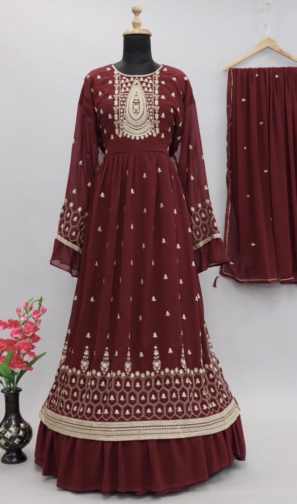 Georgette Fabric Luxurious Embroidered Palazzo Suit In maroon Color