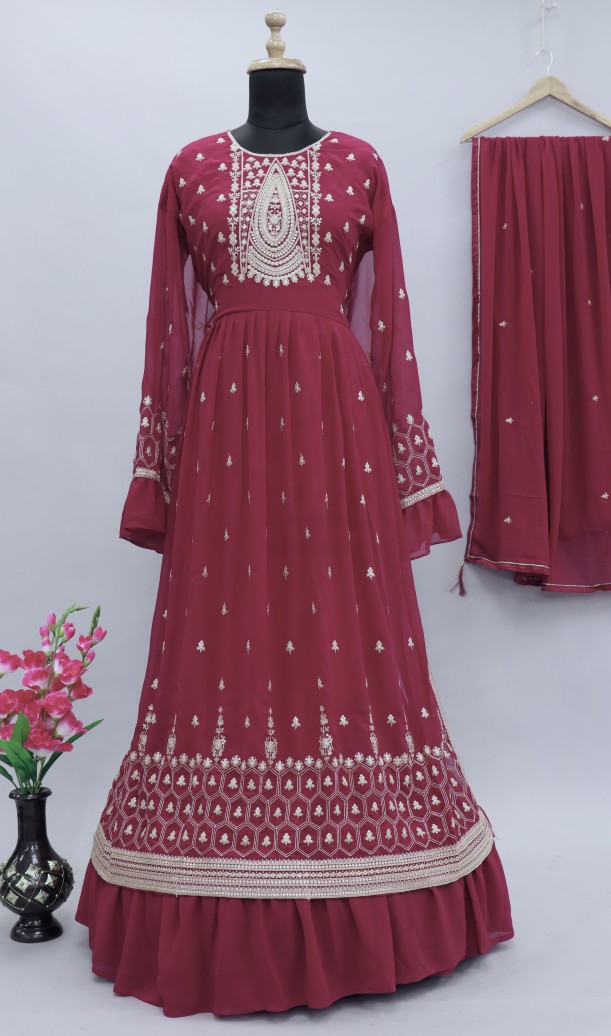 Georgette Fabric Luxurious Embroidered Palazzo Suit In pink Color