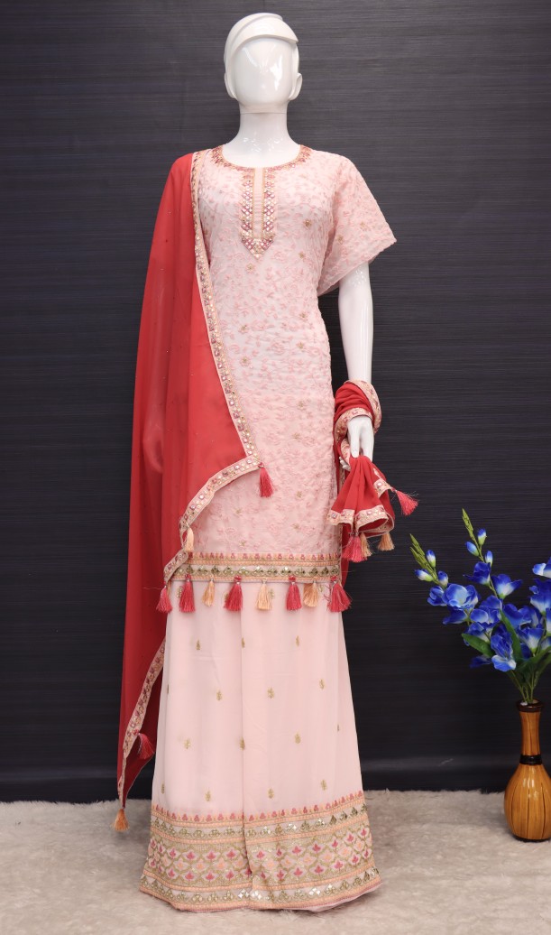 Beige And Peach Festive/Wedding Special Heavy Designer Mirror Work Gharara Suit