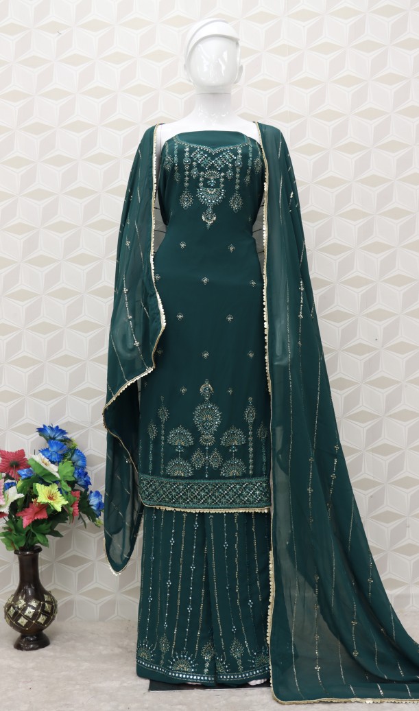 Embroidered Chiffon Pakistani Suit in Dark Teal Green