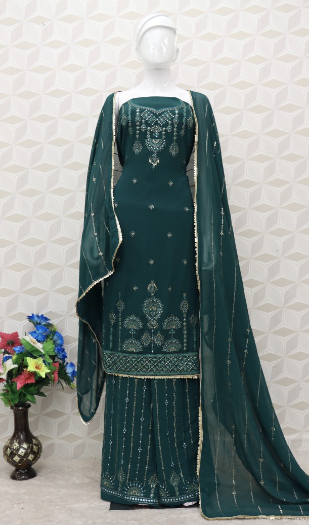 Embroidered Chiffon Pakistani Suit in Dark Teal Green Embroidered Chiffon Pakistani Suit in Dark Teal Green
