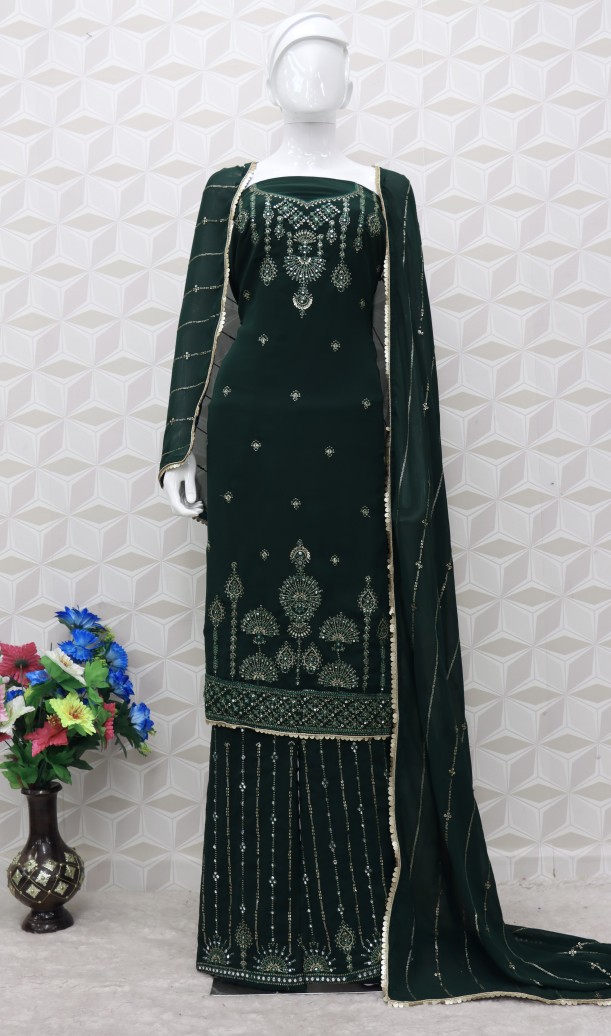 Embroidered Chiffon Pakistani Suit in Dark  Green