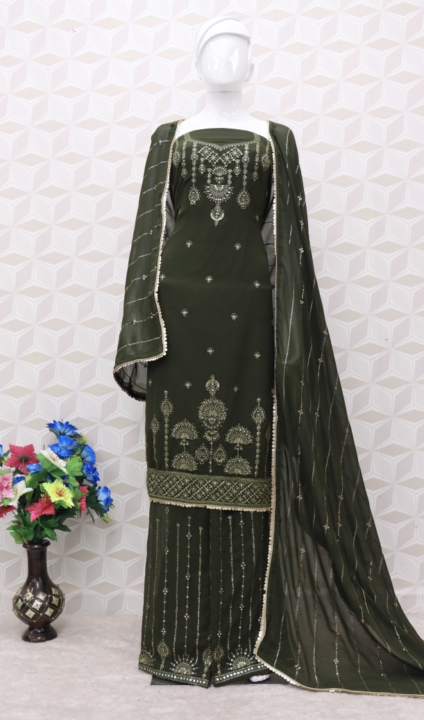 Embroidered Chiffon Pakistani Suit in Dark olive Green