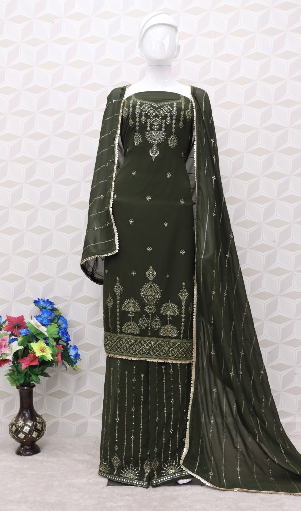 Embroidered Chiffon Pakistani Suit in Dark olive Green Embroidered Chiffon Pakistani Suit in Dark olive Green