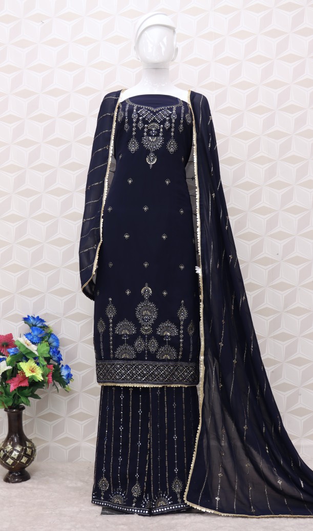 Embroidered Chiffon Pakistani Suit in navy blue