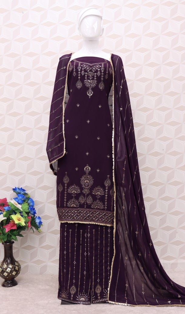 Embroidered Chiffon Pakistani Suit in wine Embroidered Chiffon Pakistani Suit in wine