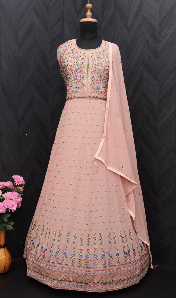Embroidered Georgette Abaya Style Suit in Peach Embroidered Georgette Abaya Style Suit in Peach