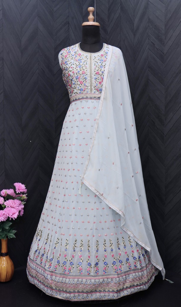 Embroidered Georgette Abaya Style Suit in light lilac
