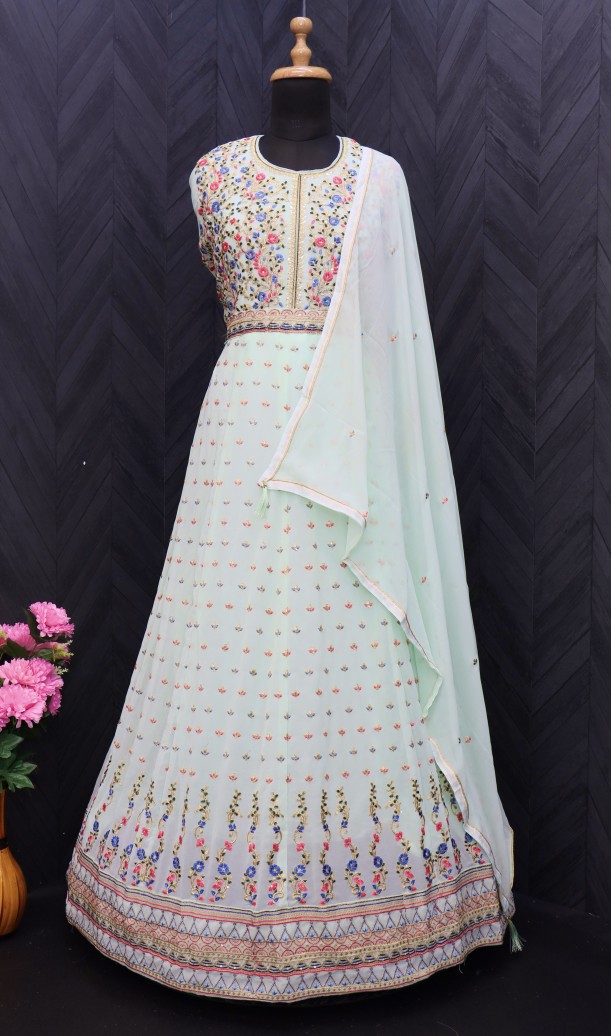 Embroidered Georgette Abaya Style Suit in off white Embroidered Georgette Abaya Style Suit in off white