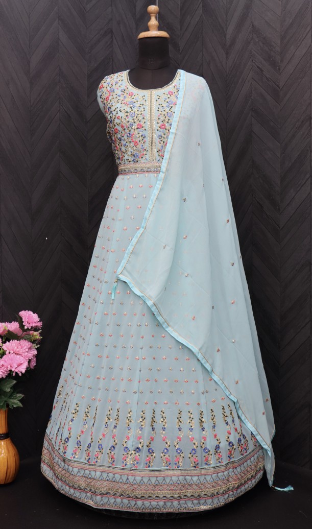 Embroidered Georgette Abaya Style Suit in sky blue