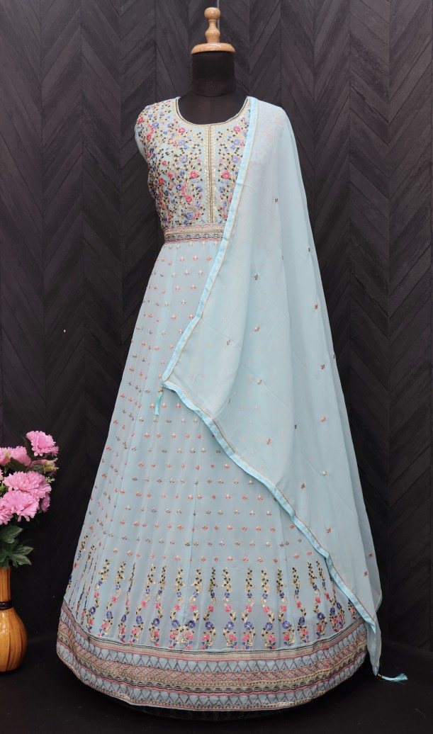 Embroidered Georgette Abaya Style Suit in sky blue Embroidered Georgette Abaya Style Suit in sky blue