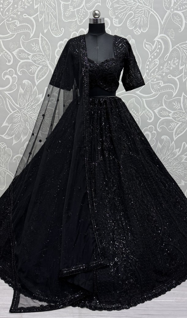 Stunning Beads and Motif work combine Black Designer lehenga choli with stitch Blouse