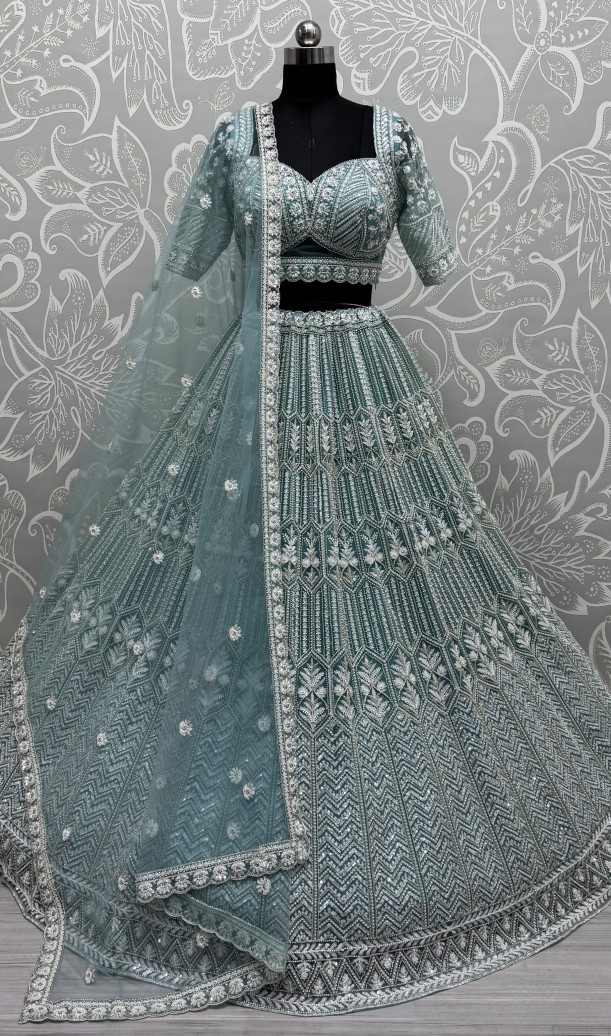Blue Eye-Catchy Beads and Motif  work combine Ready to wear Designer lehenga choli with stitch Blouse