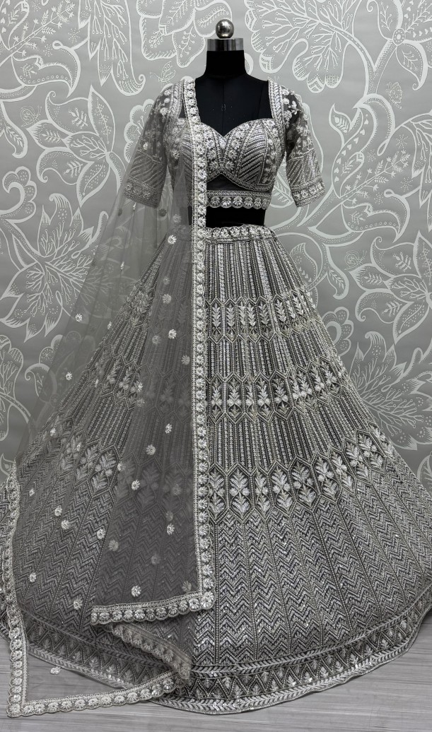 Grey Eye-Catchy Beads and Motif  work combine Ready to wear Designer lehenga choli with stitch Blouse