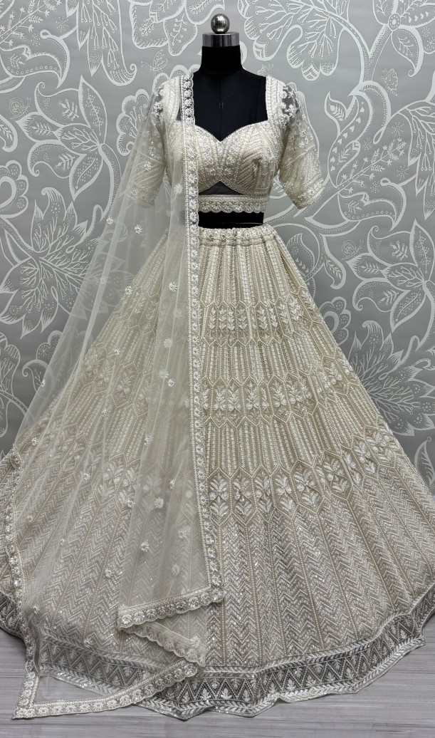 White Eye-Catchy Beads and Motif work combine Ready to wear Designer lehenga choli with stitch Blouse