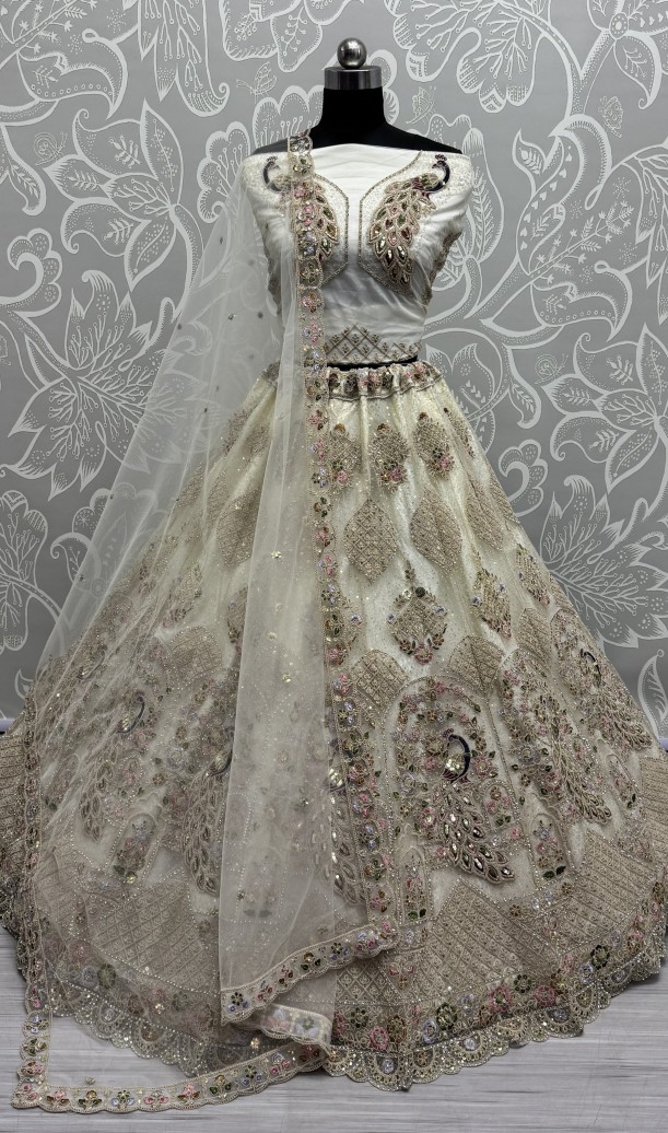Outstanding White Dori Embroidery with Heavy Diamond Embedded Peacock pattern with Sequins work Designer Partywear Lehenga choli