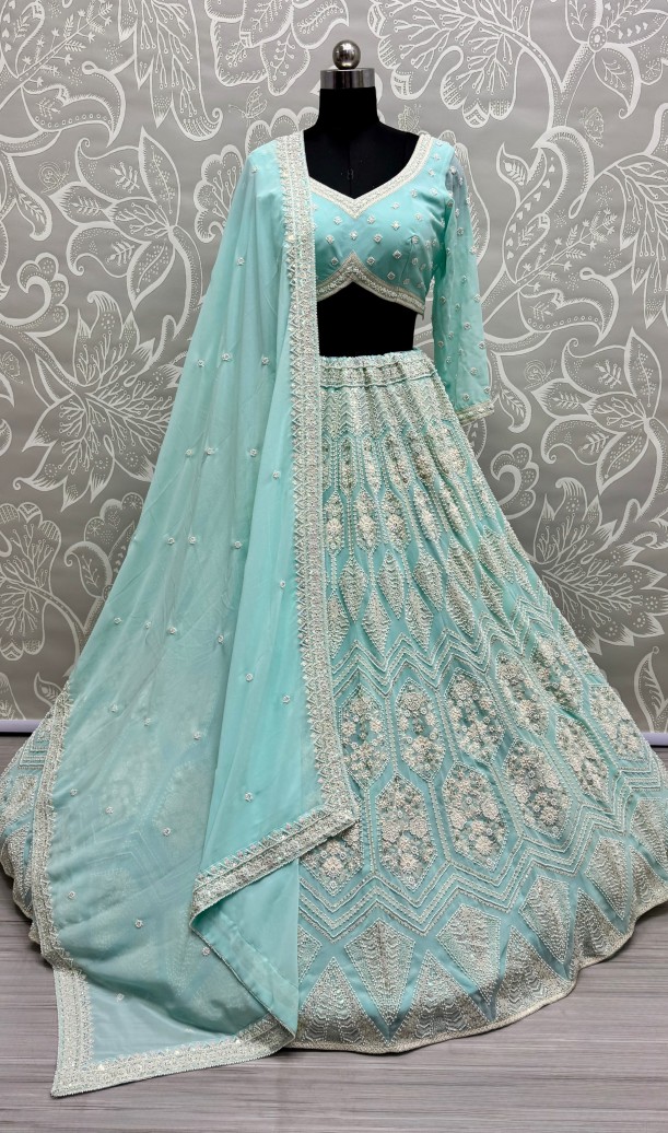 Full Flaired Exclusive Blue Designer Lehenga Choli in Pure Georgette with Ready to Wear Blouse 