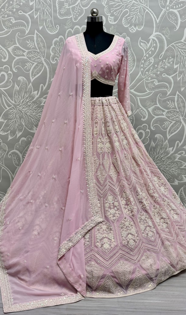 Full Flaired Pink Exclusive Designer Lehenga Choli in Pure Georgette with Ready to Wear Blouse 