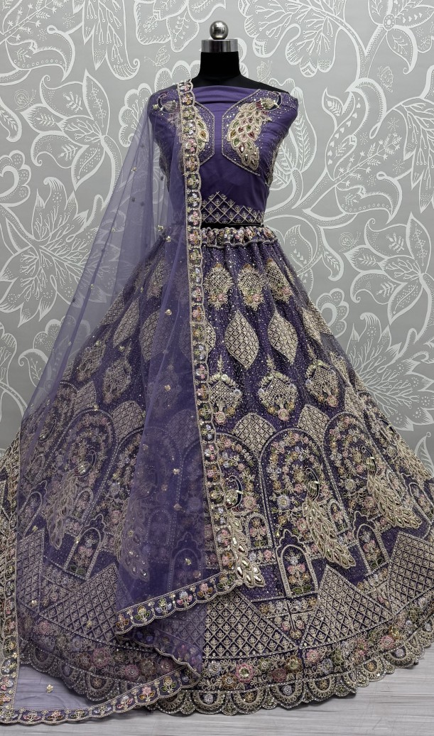 Outstanding purple Dori Embroidery with Heavy Diamond Embedded Peacock pattern with Sequins work Designer Partywear Lehenga choli 