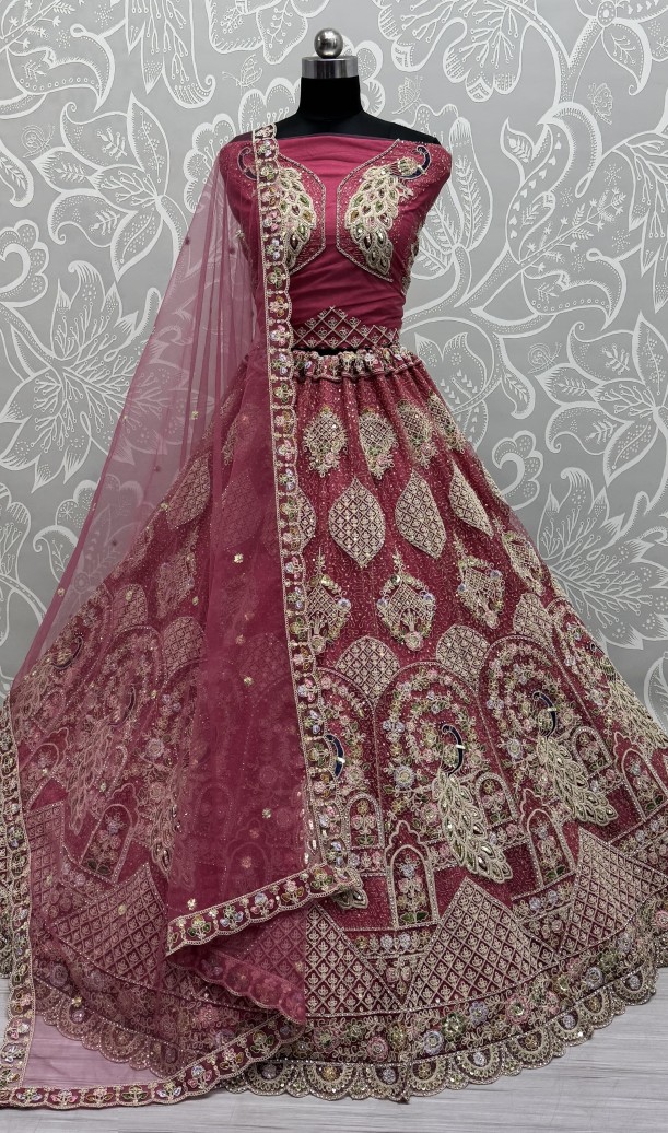 Outstanding Red Dori Embroidery with Heavy Diamond Embedded Peacock pattern with Sequins work Designer Partywear Lehenga choli 