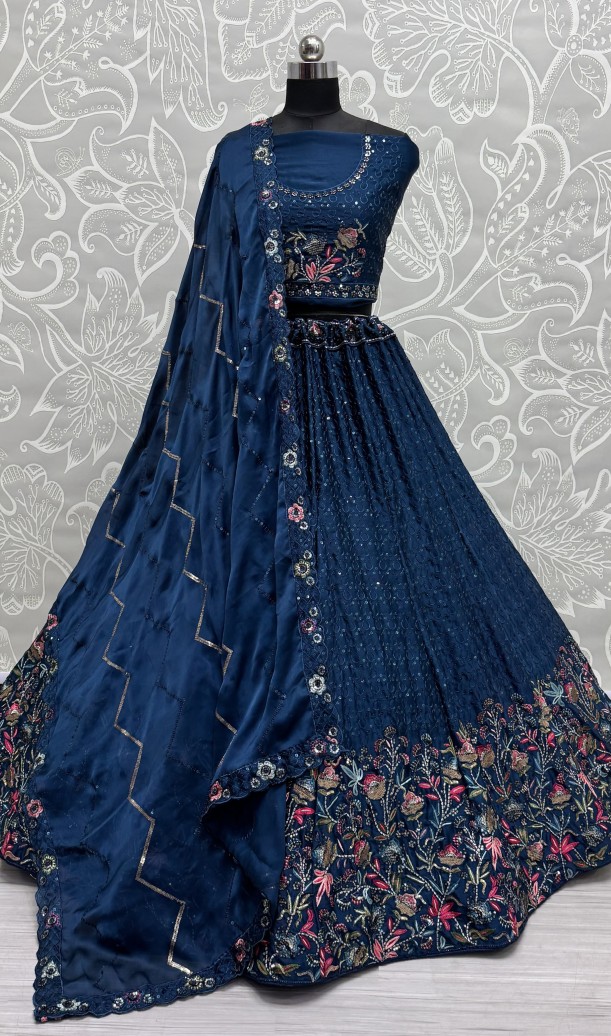 Beautiful Flower Pattern Blue Embroidery and Thread work design Partywear Lehengacholi 