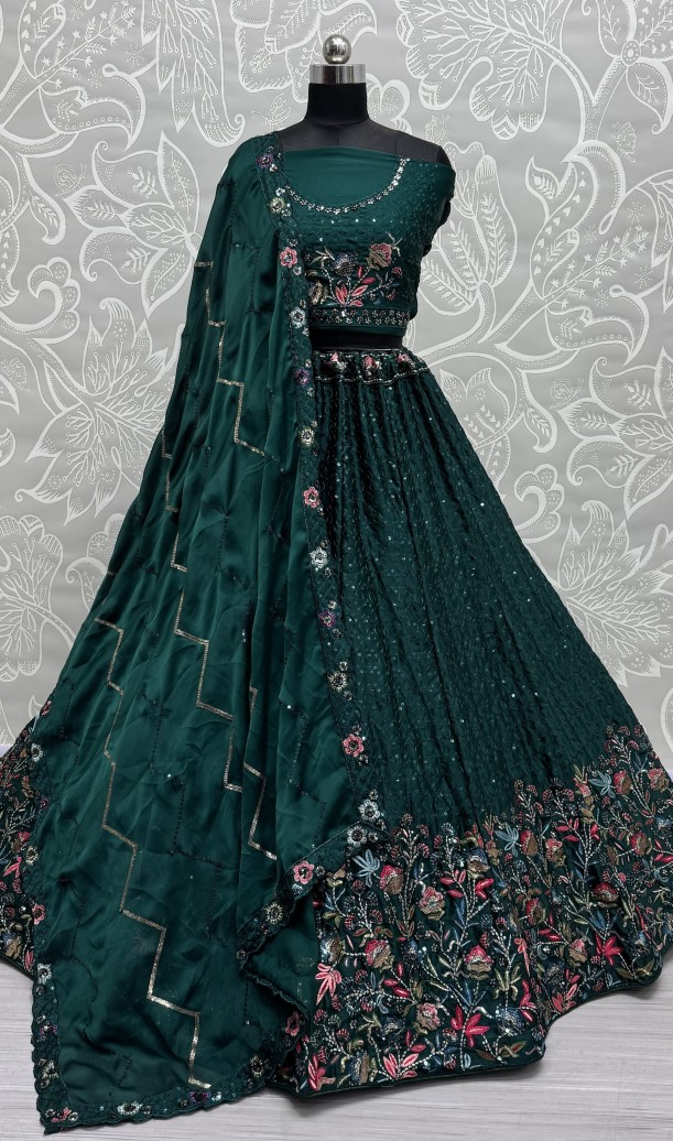 Beautiful Flower Pattern Green Embroidery and Thread work design Partywear Lehengacholi 