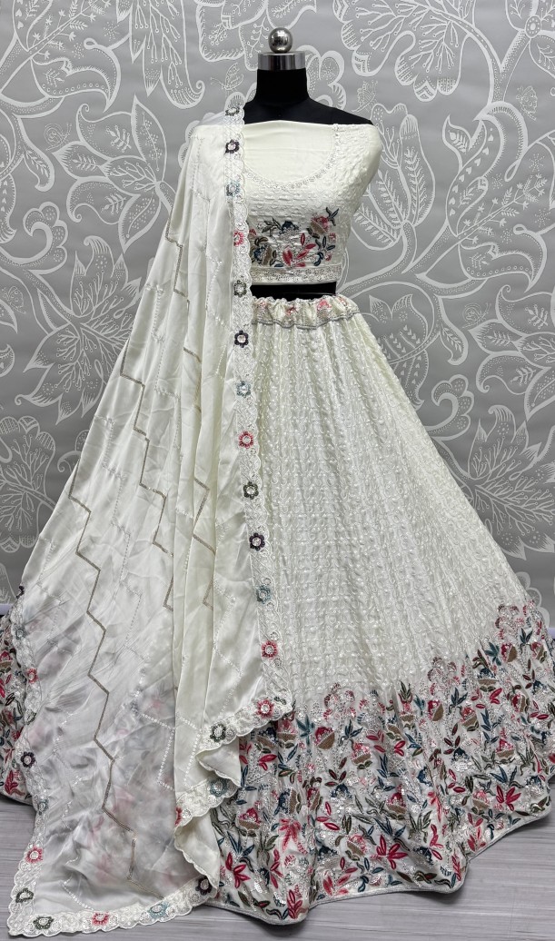 Beautiful Flower Pattern White Embroidery and Thread work design Partywear Lehengacholi 