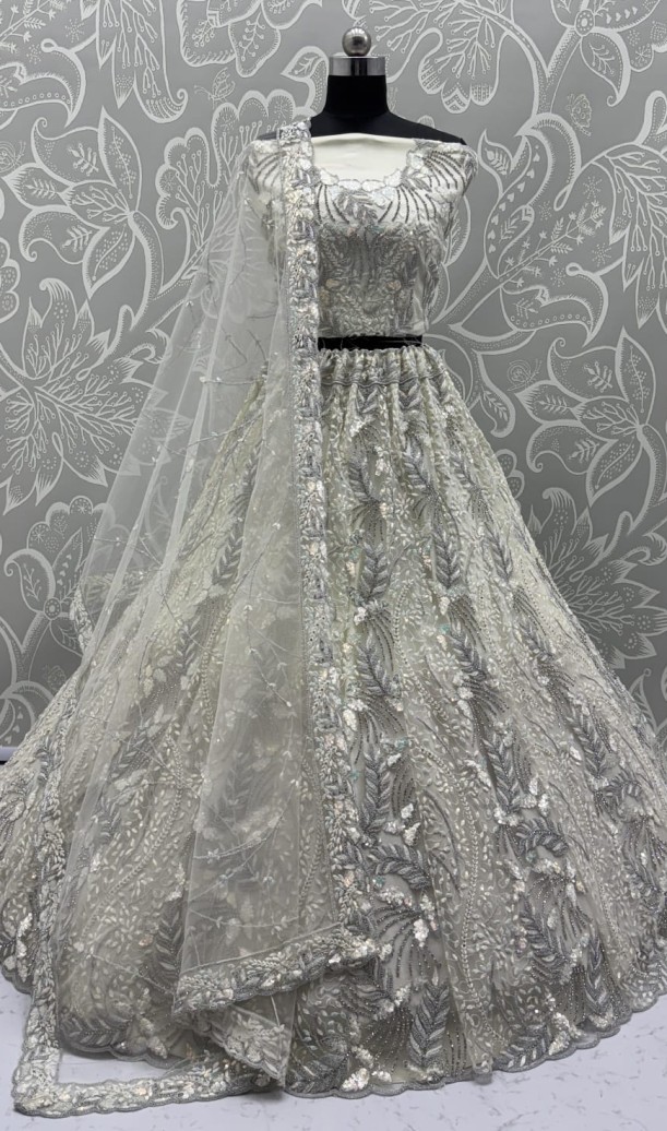 Beautiful White Dupatta on  Matching Designer Embroidered Reception wear Lehenga choli 