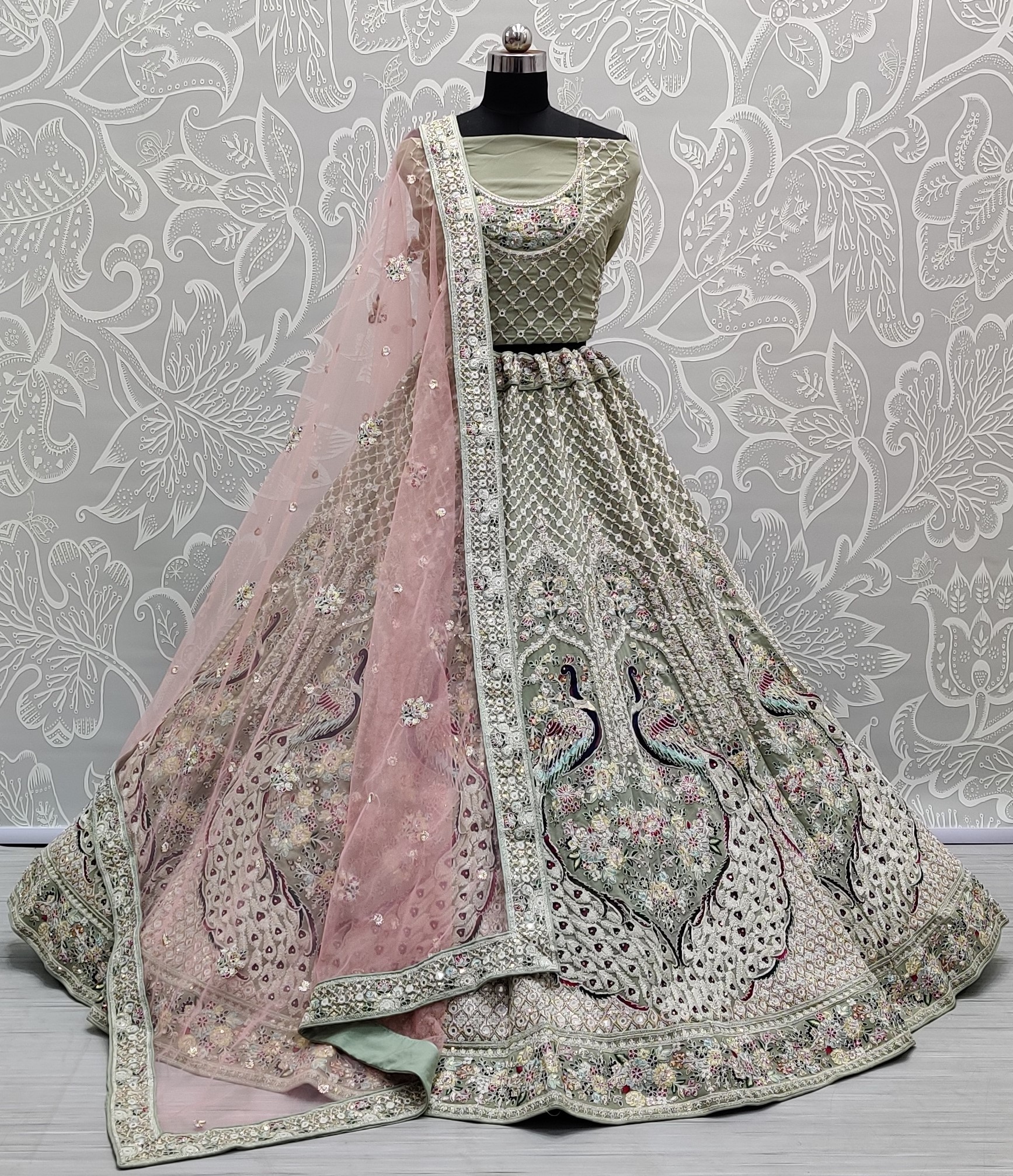 Net Embroidery Lehenga Choli In Pista Green Colour