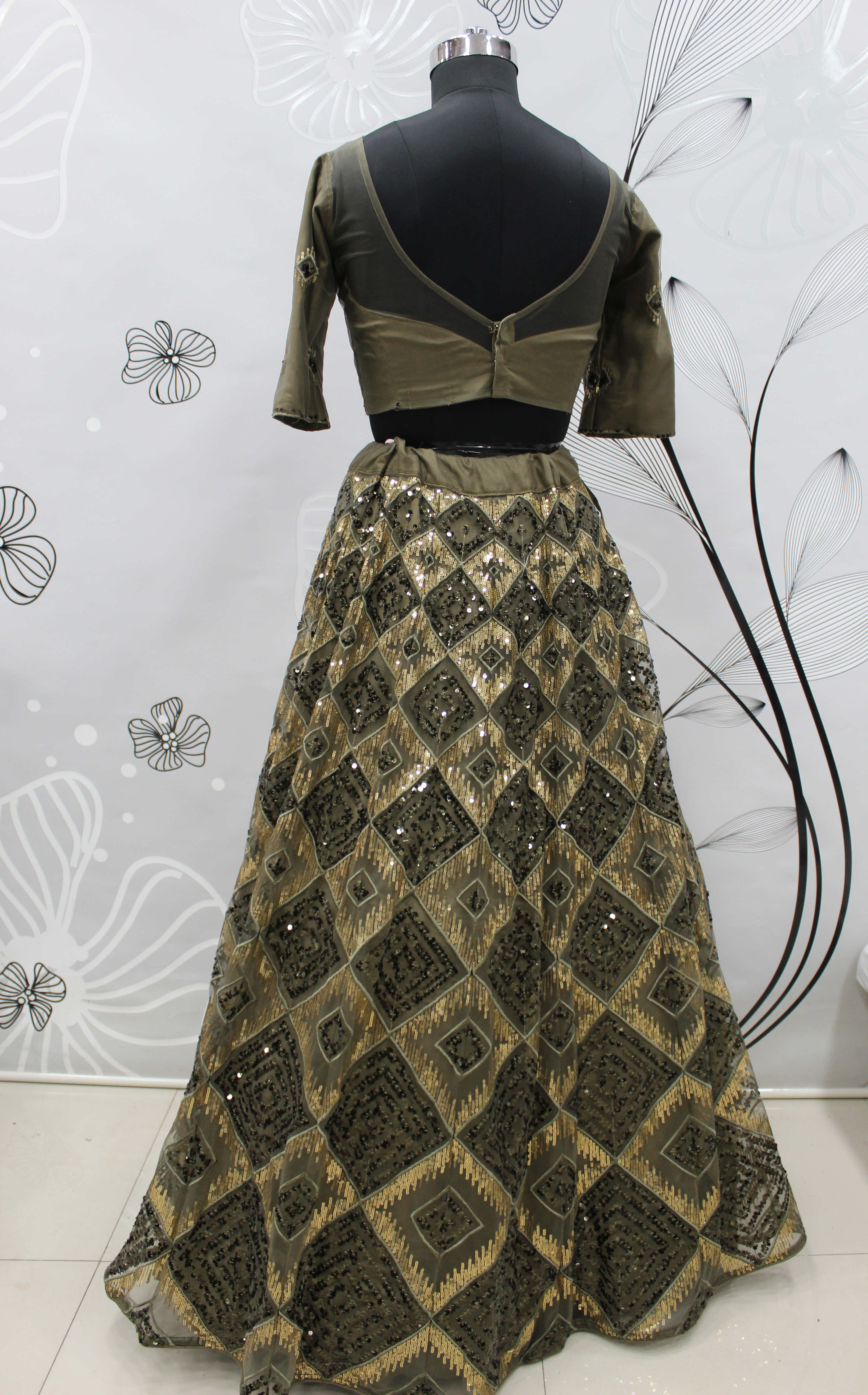Lehenga Choli in Olive green Net with Embroidered