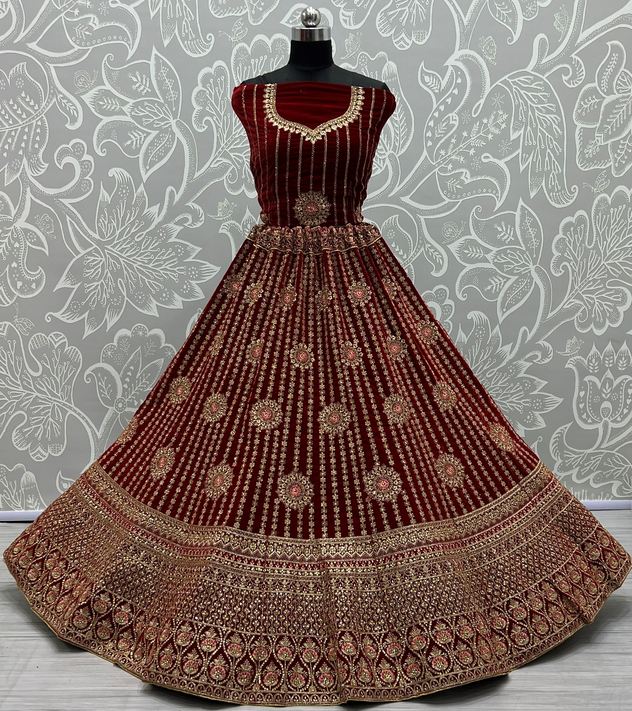 Fantastic Maroon Zari Embroidery Velvet Bridal Wear Lehenga Choli