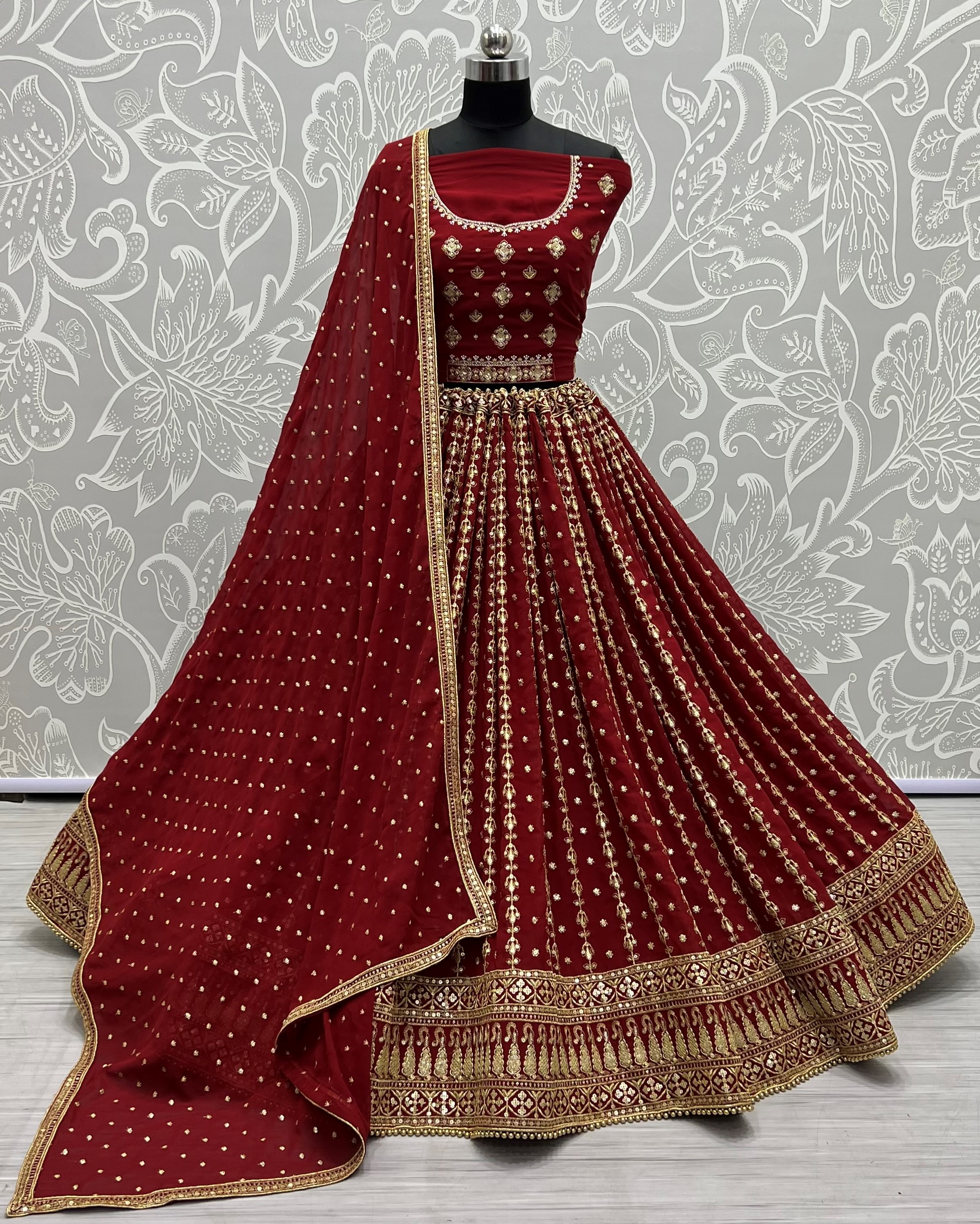 Smoothest blooming Georgette effect-full embroidered Flared wedding Lehengacholi in maroon and purple too