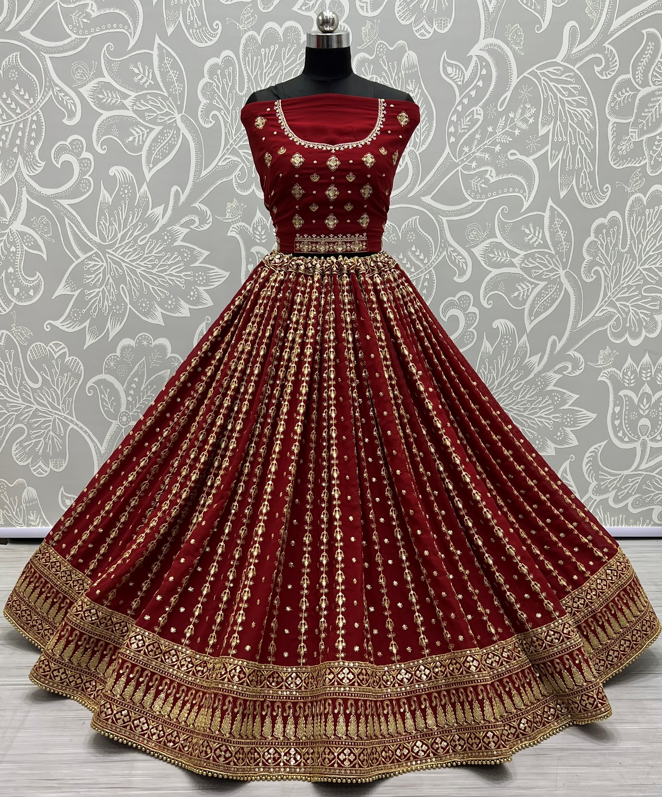 Smoothest blooming Georgette effect-full embroidered Flared wedding Lehengacholi in maroon and purple too