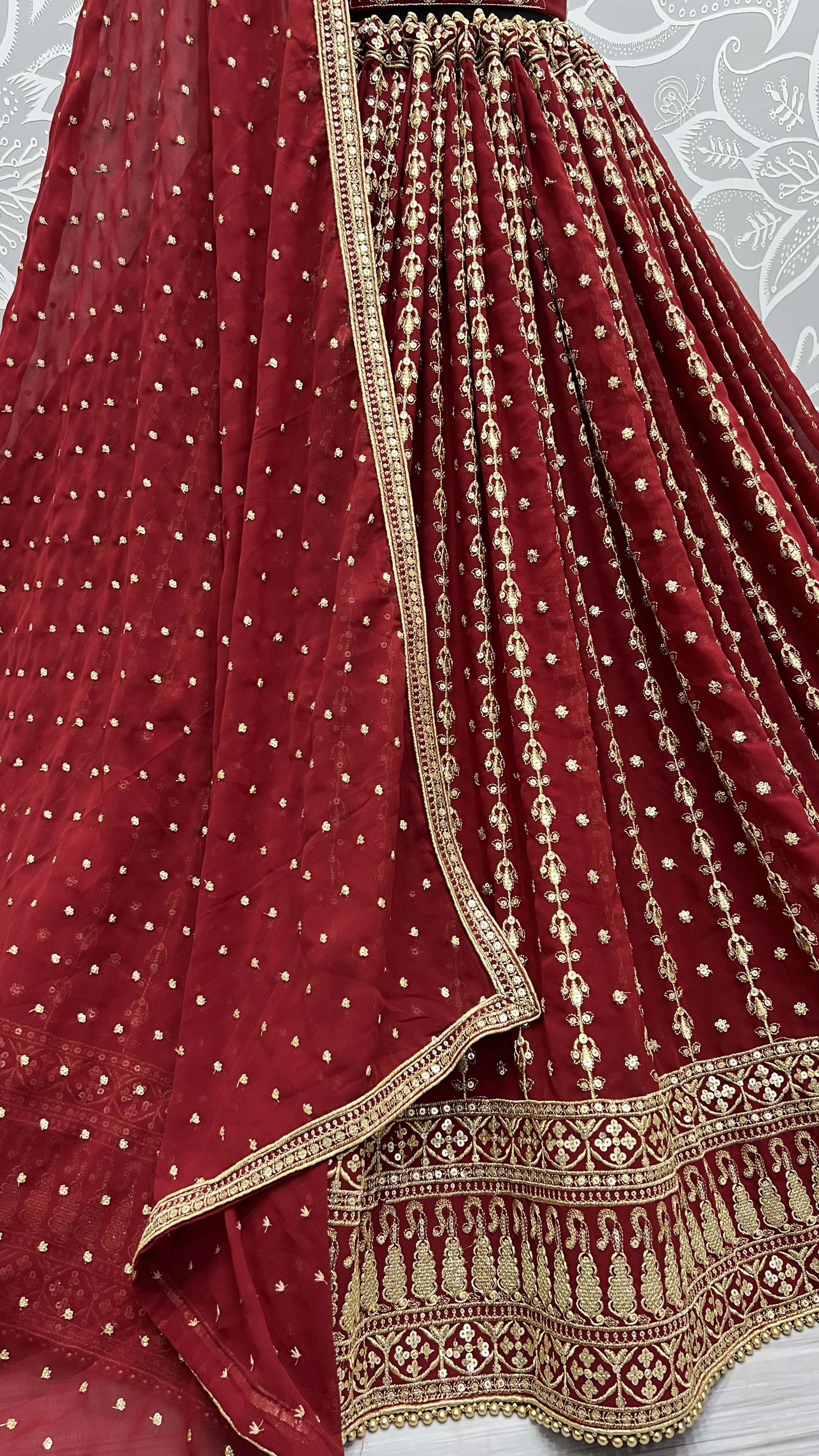 Smoothest blooming Georgette effect-full embroidered Flared wedding Lehengacholi in maroon and purple too
