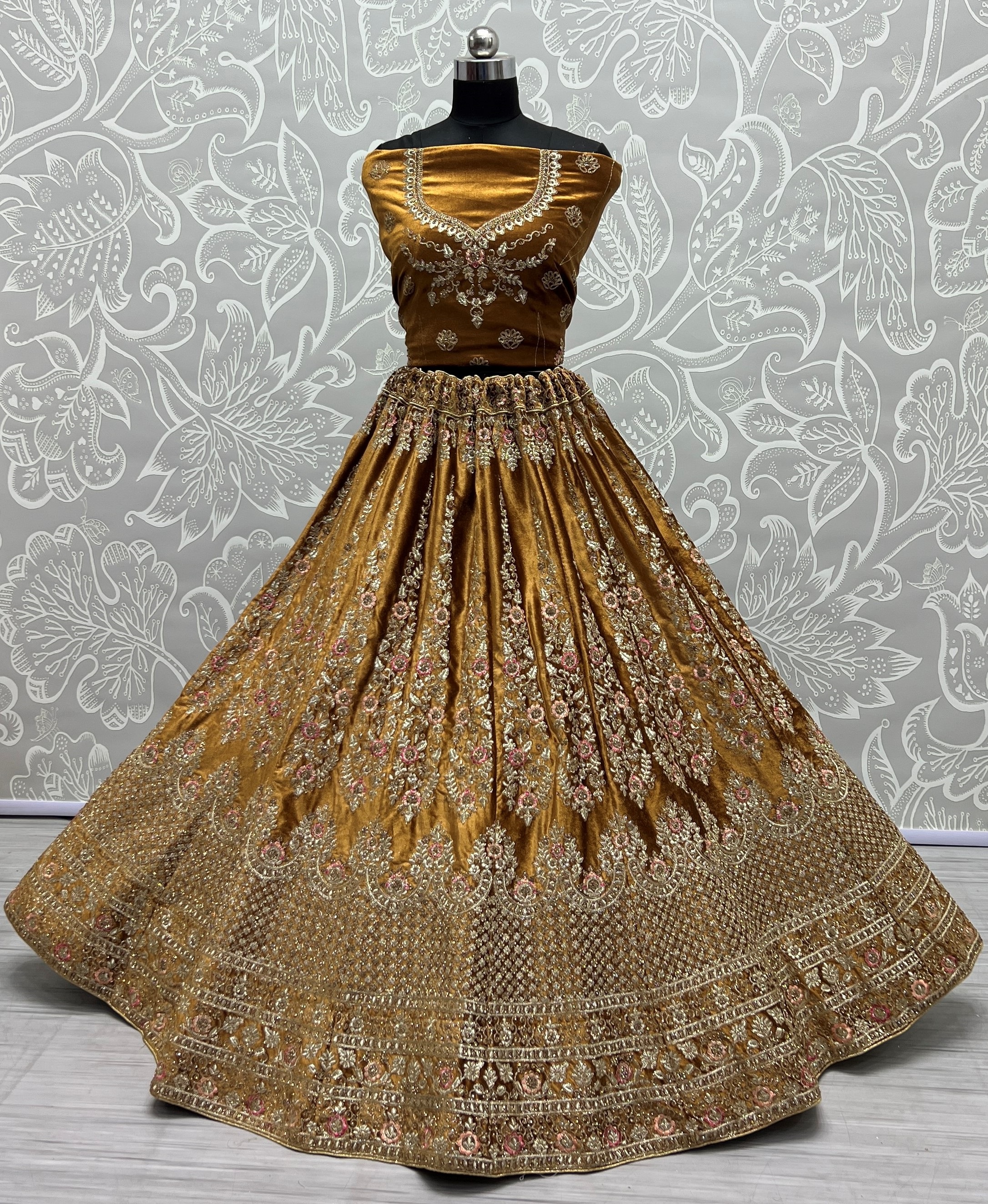 Embroidery Velvet Lehenga Choli In Golden