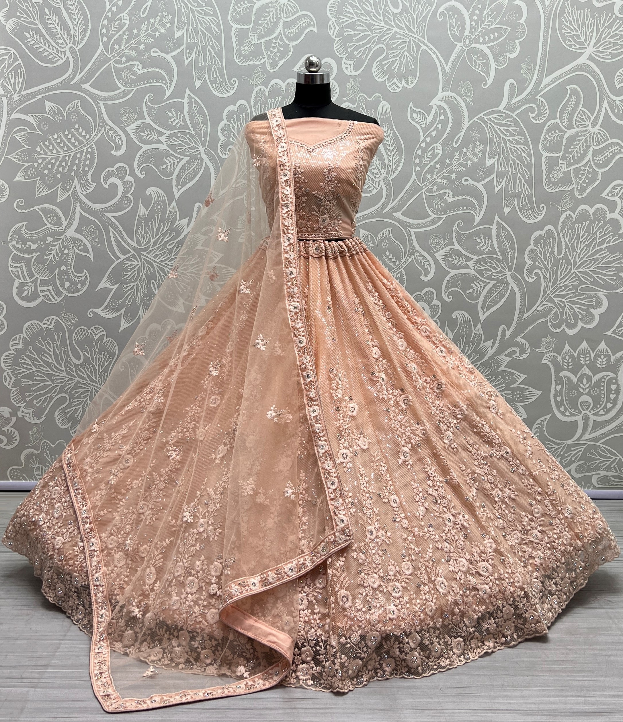 Sequins and thread work combine designed shinning reception and wedding purpose Lehengacholi CREAM