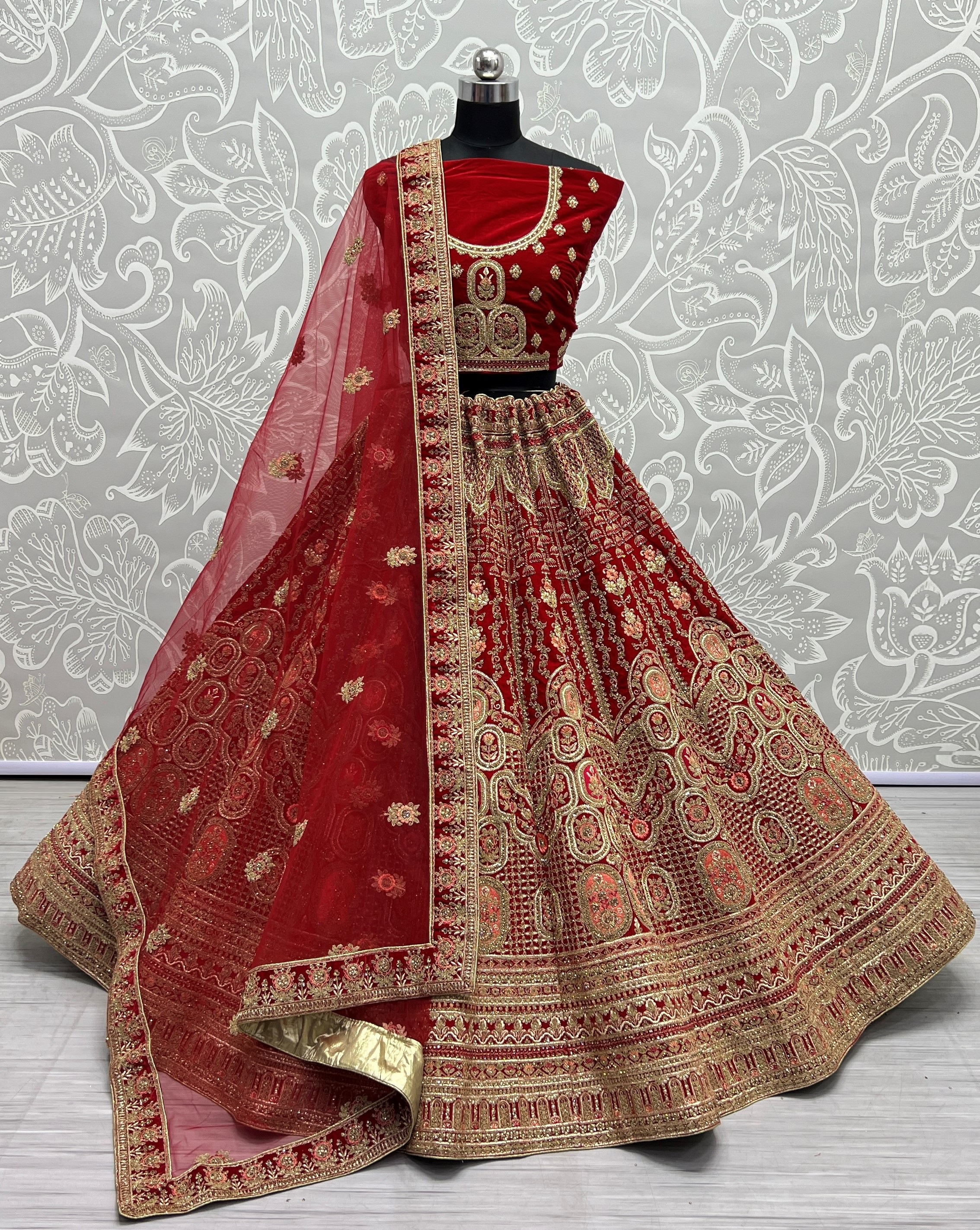 Antique Zari and Dori embroidered Velvet Lehenga choli