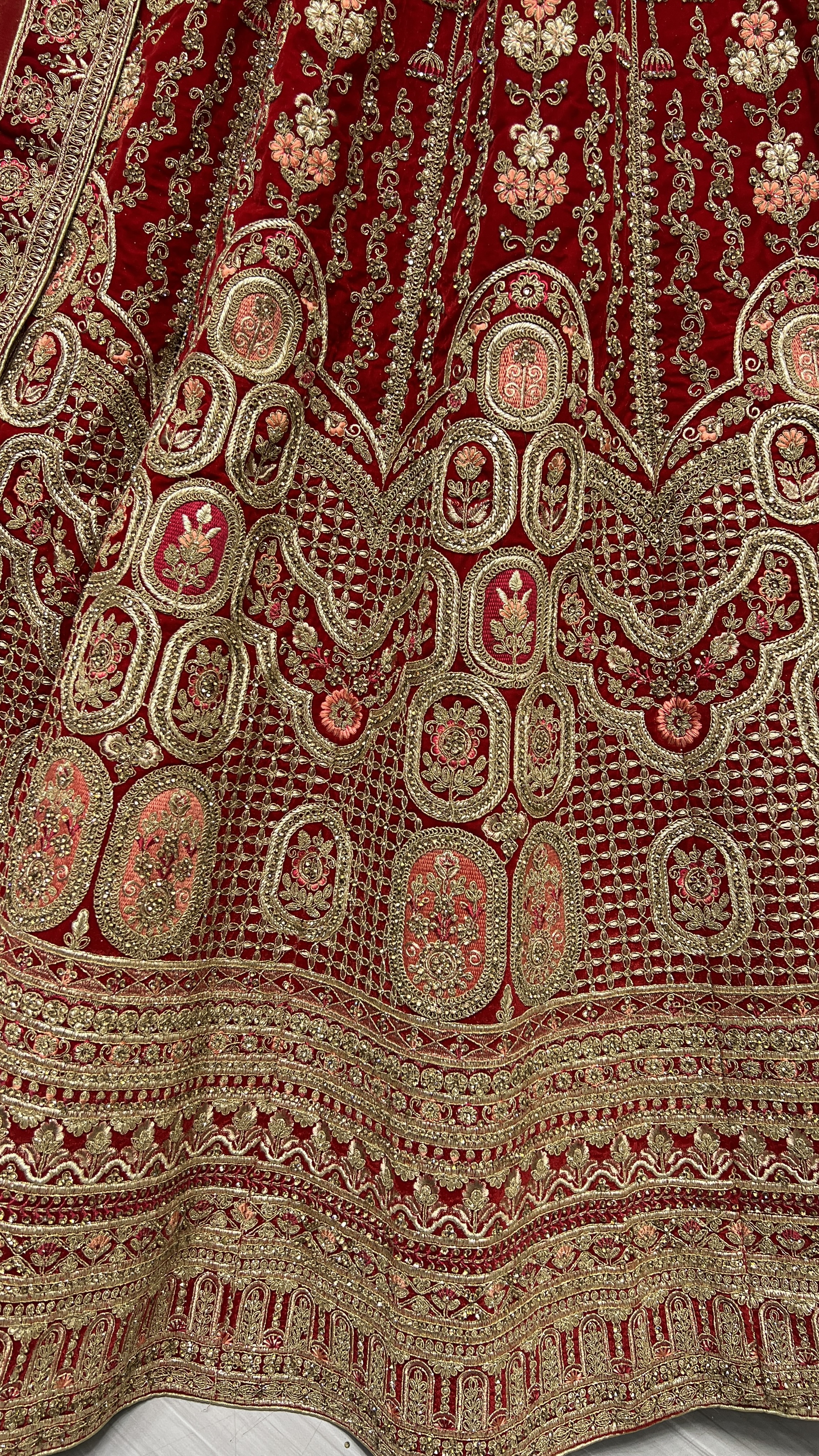 Antique Zari and Dori embroidered Velvet Lehenga choli