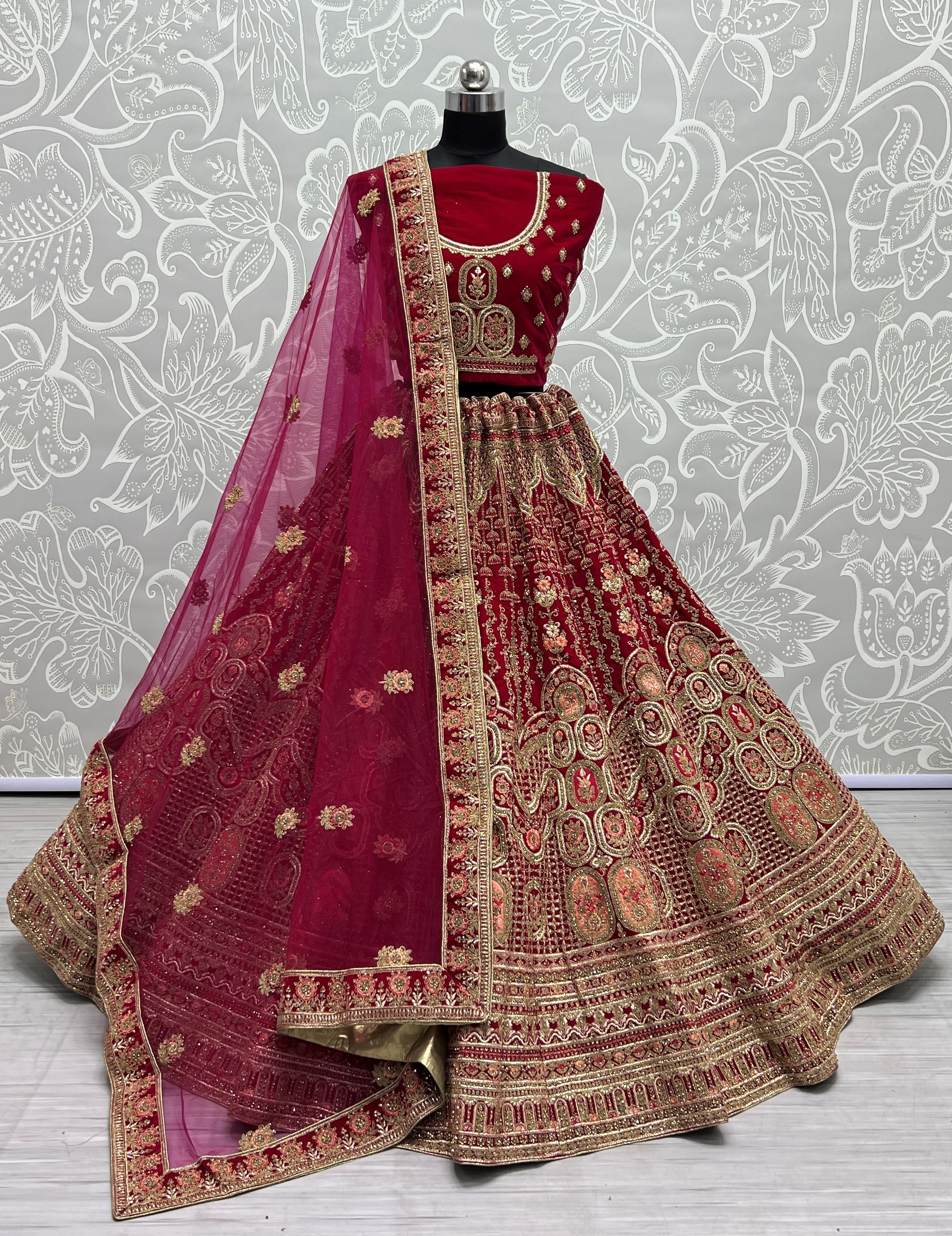 Antique Zari and Dori embroidered Velvet Lehenga choli