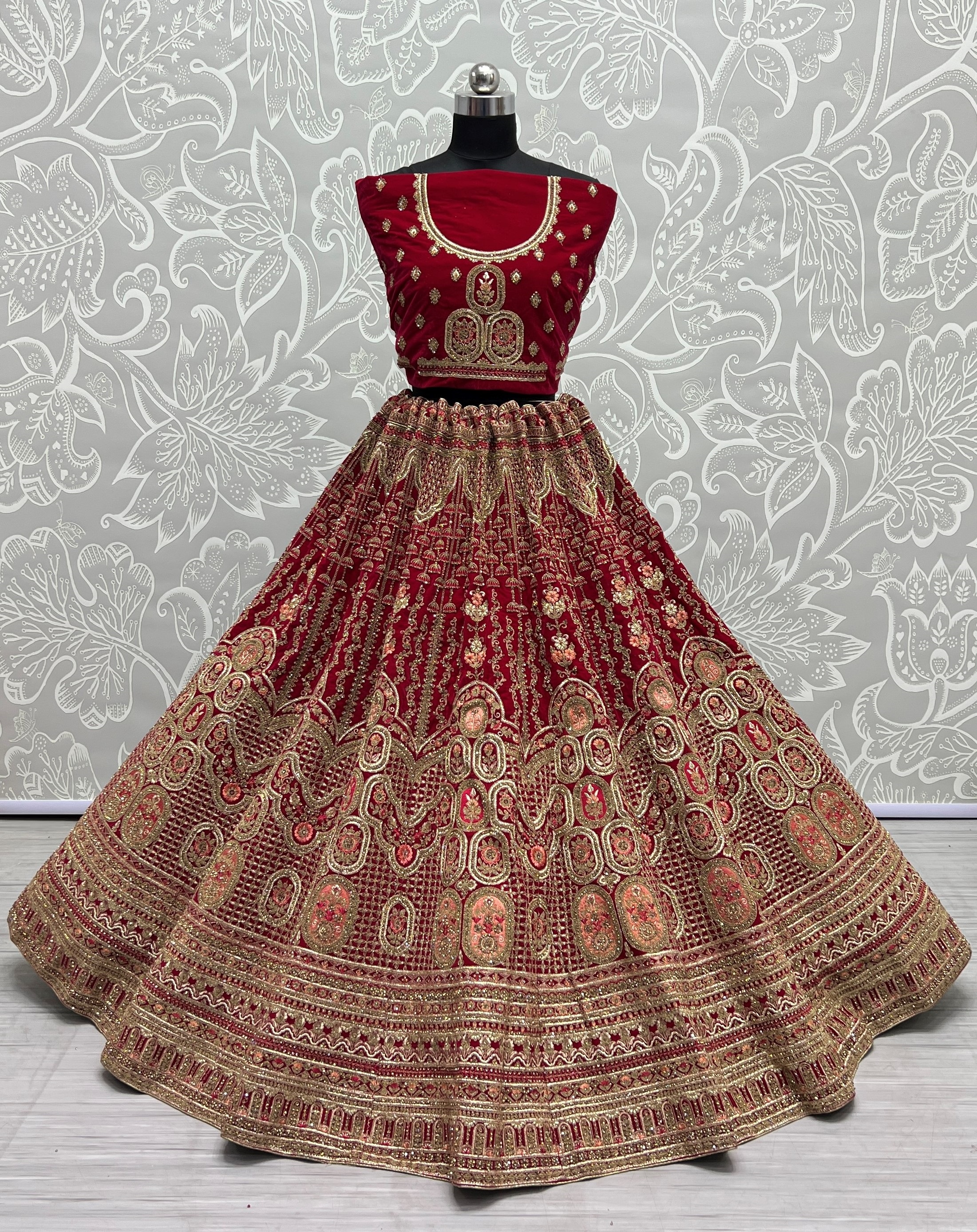 Antique Zari and Dori embroidered Velvet Lehenga choli