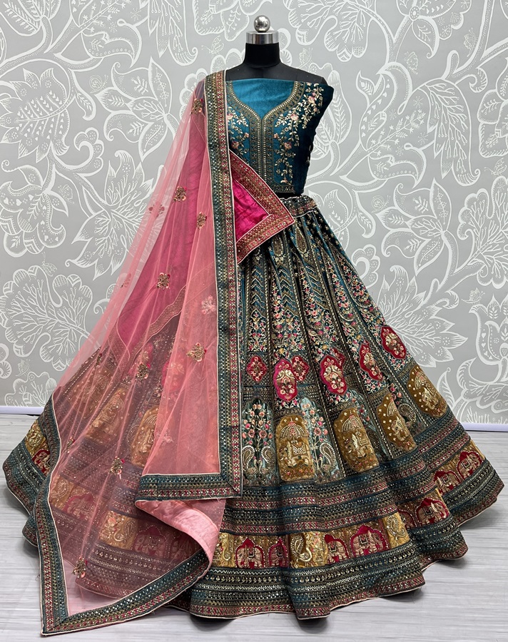 Double Dupatta Velvet Patch Embroidered Bridal Lehengacholi 