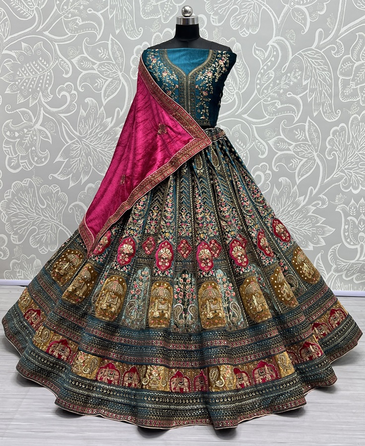 Double Dupatta Velvet Patch Embroidered Bridal Lehengacholi 