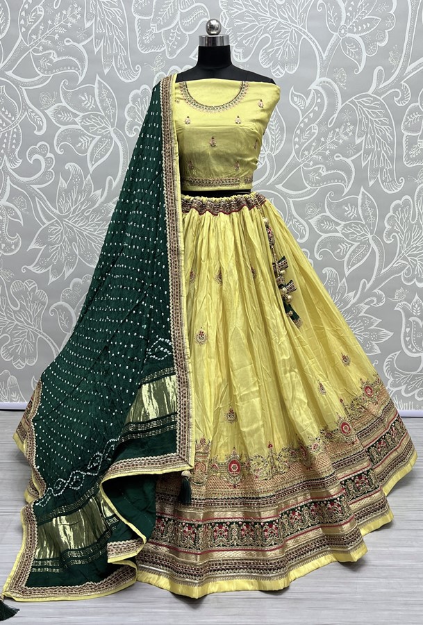 Pure Gadhwal Silk Handwork Crafted Lehengacholi with Bandhani Dupatta 
