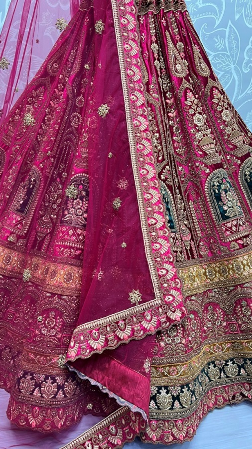 Velvet Embroidered Patch work with  metalic Zari work Velvet lehenga choli 