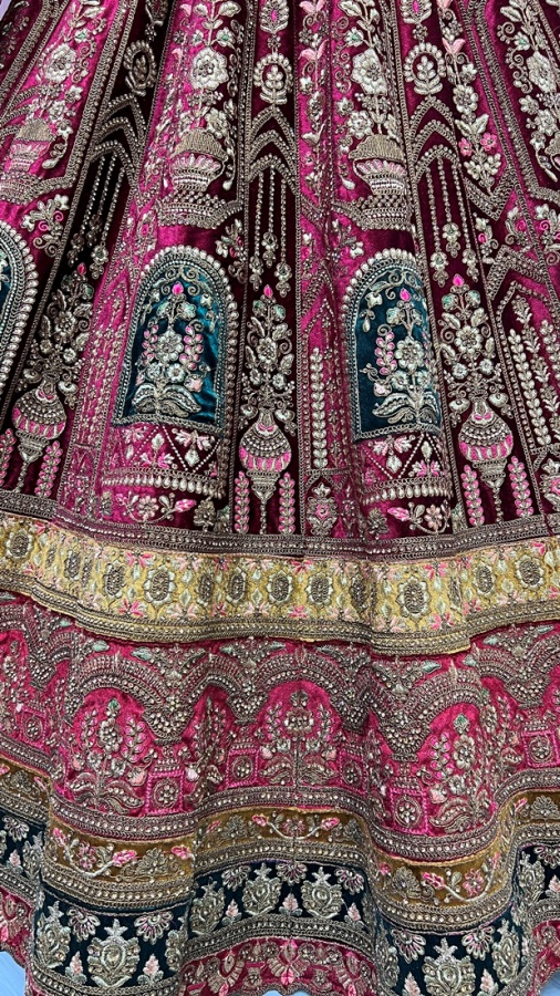 Velvet Embroidered Patch work with  metalic Zari work Velvet lehenga choli 