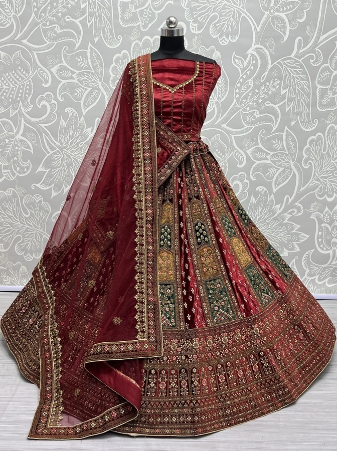 Double Dupatta lehenga choli in velvet  Multi color Patch Work