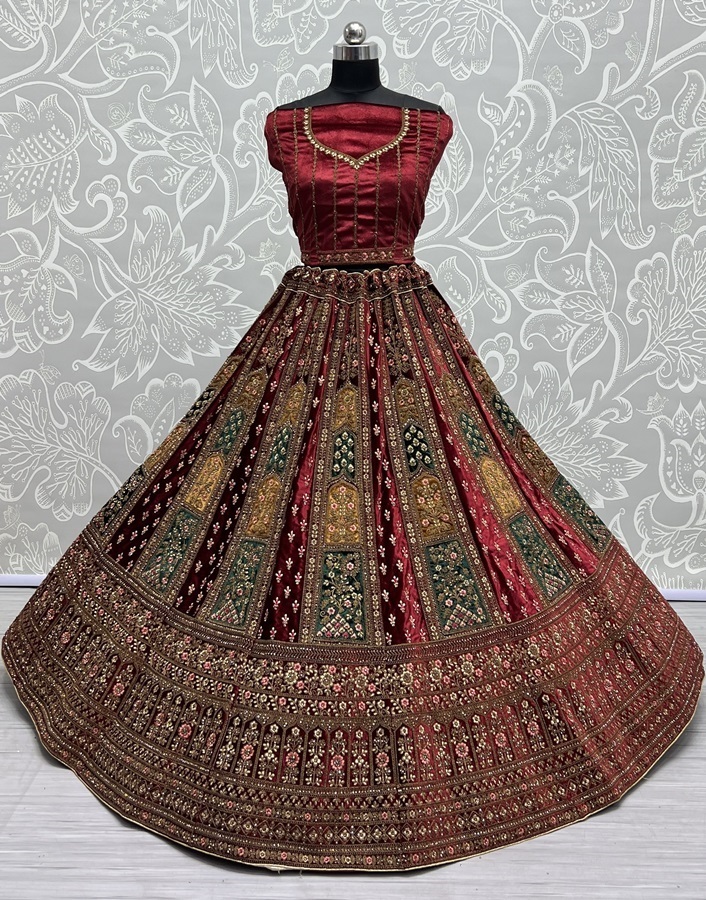 Double Dupatta lehenga choli in velvet  Multi color Patch Work